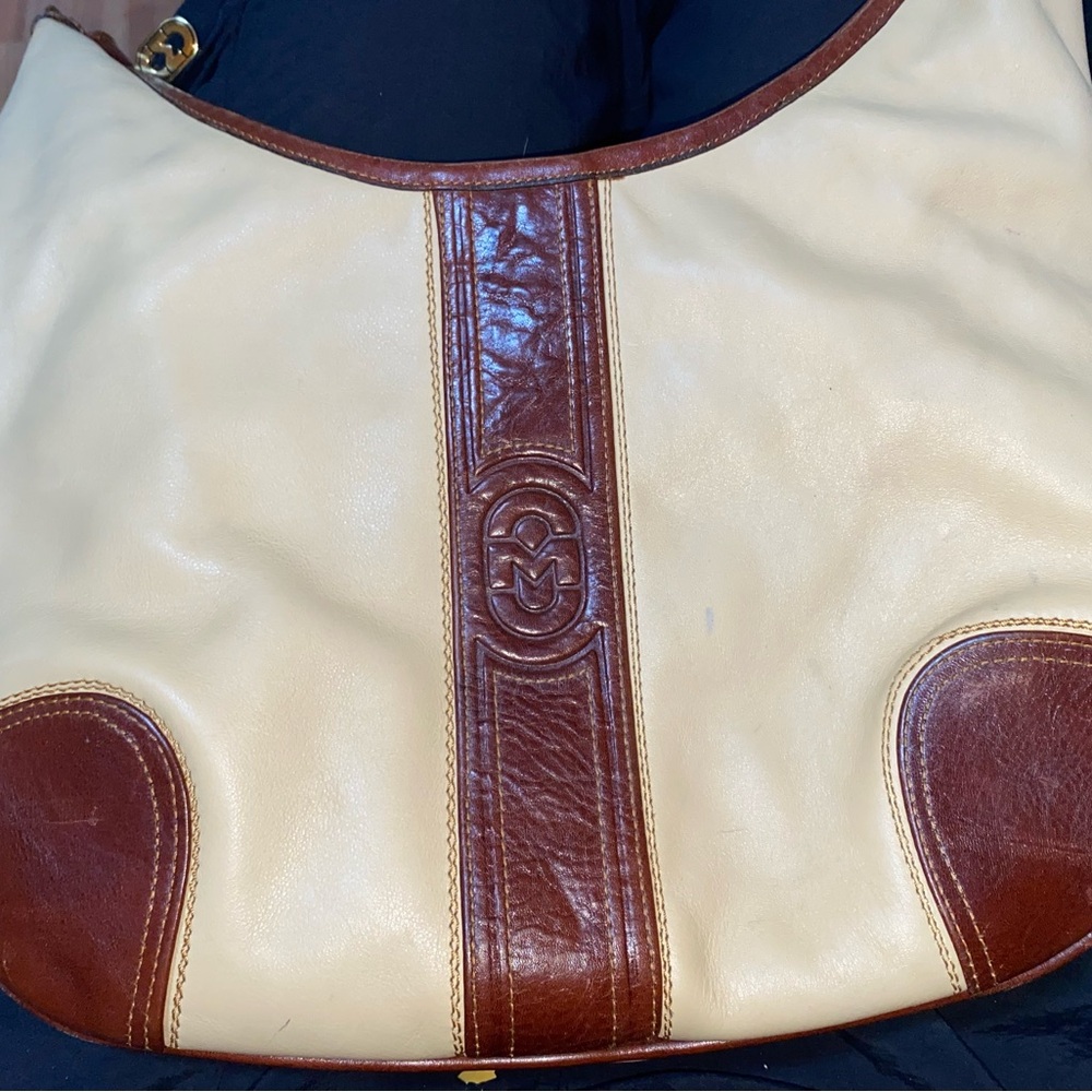 Brown and Cream Shoulder Bag with Distinctive Color Blocking and Embossed Design